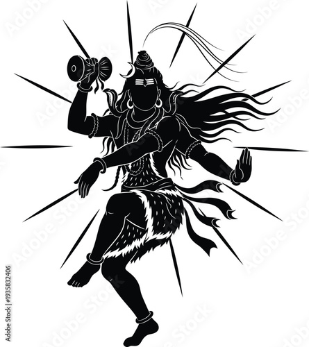 "Black Silhouette Shiva Nataraja Dance Illustration with Damaru and Trident for Hindu Spiritual Art, Cultural Symbolism, and Religious Iconography Projects"
