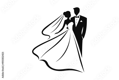 Elegant black and white illustration of a newlywed couple dancing in wedding attire