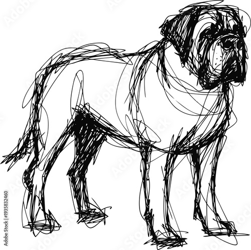 Abstract sketch of a standing large dog with detailed face and muscular body outline
