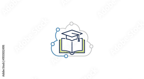 This clean vector illustration represents modern e-learning and cloud-based education. It features an open book with a graduation cap, enclosed within a digital cloud network outline.