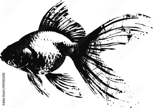Black ornamental goldfish silhouette with flowing fins and tail in vintage