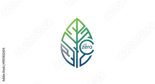 A modern vector illustration representing the "Net Zero" initiative. The design features a leaf silhouette created with geometric, circuit-like lines in a green-to-blue gradient.