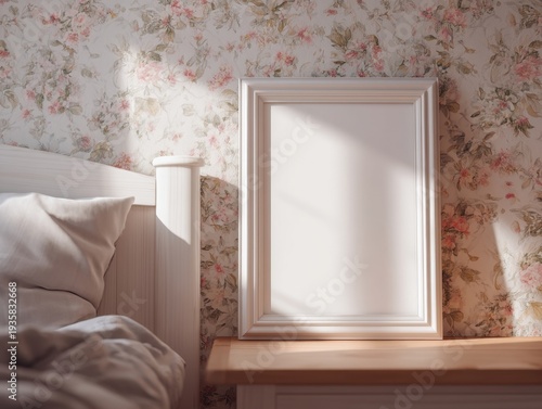 Sunlight glows softly through window, casting gentle rays. White frame rests on wooden nightstand beside bed. Floral wallpaper adds vintage charm to cozy room
