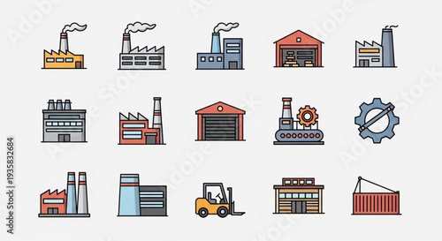 Collection of colorful factory and industrial building icons.