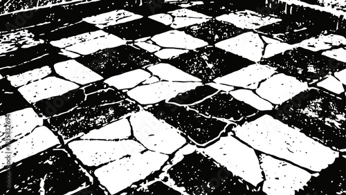 Vintage cracked checkerboard pattern tile floor with uneven black and white squares texture