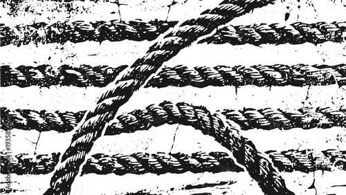 Various twisted ropes close up on cracked concrete surface background textured detailed fibers