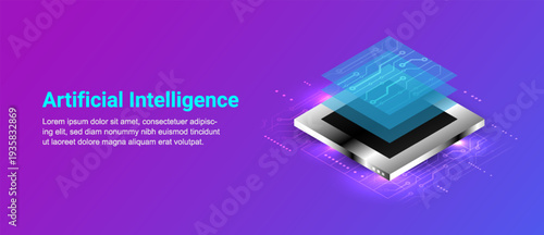 Artificial intelligence microchip. New generation product of computer processor unit. Innovative electronic technology. Banner design cyber security vector