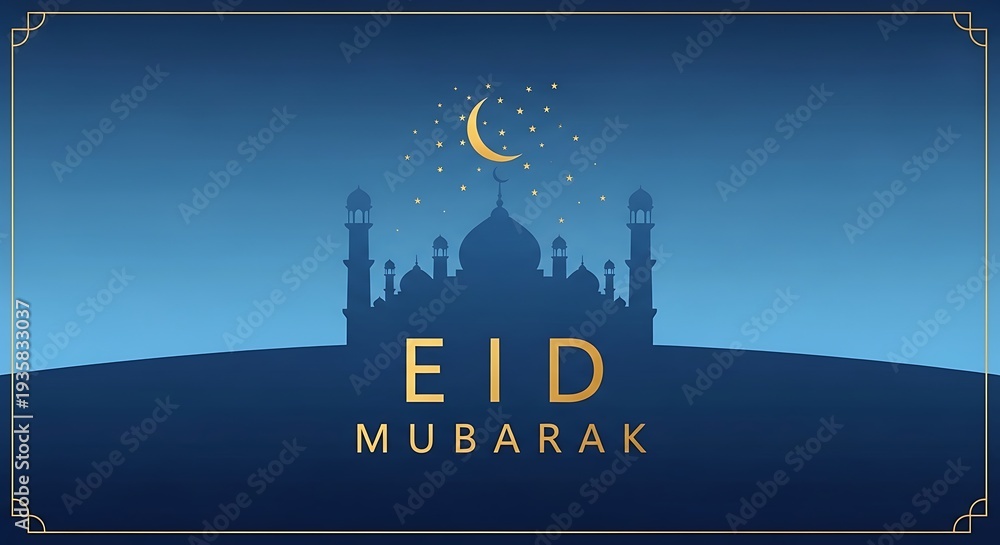 Naklejka premium Eid Mubarak celebration with mosque silhouette at night