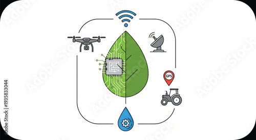 This conceptual vector illustration represents smart agriculture and precision farming. Featuring a green leaf integrated with a microchip, it is surrounded by icons for drones, satellites.