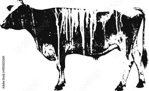 Black and white silhouette of a cow standing sideways on a white background