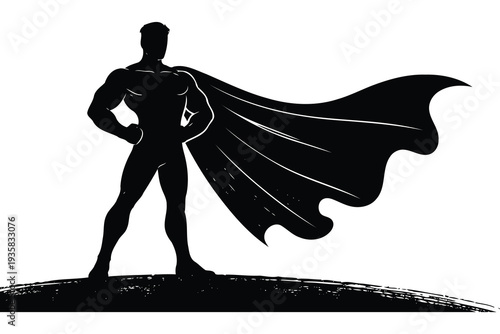 Silhouette of a heroic figure standing with a flowing cape against a plain background