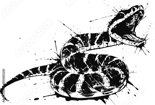 Coiled rattlesnake with open mouth striking black ink splatter illustration of venomous snake ready to attack