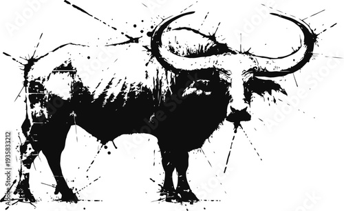 Black silhouette buffalo illustration with ink splatter effect on white background