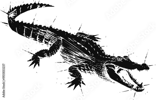 Monochrome aggressive crocodile illustration with open mouth and sharp teeth, wildlife animal design