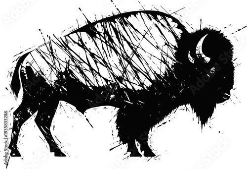 Black bison illustration with grunge brush strokes and rough textured silhouette