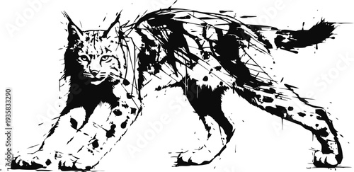lynx silhouette with abstract black ink splatter artistic design on white background