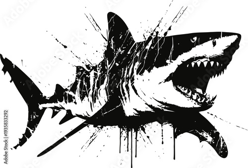 Aggressive shark with open mouth and sharp teeth in grunge splatter art graphic design