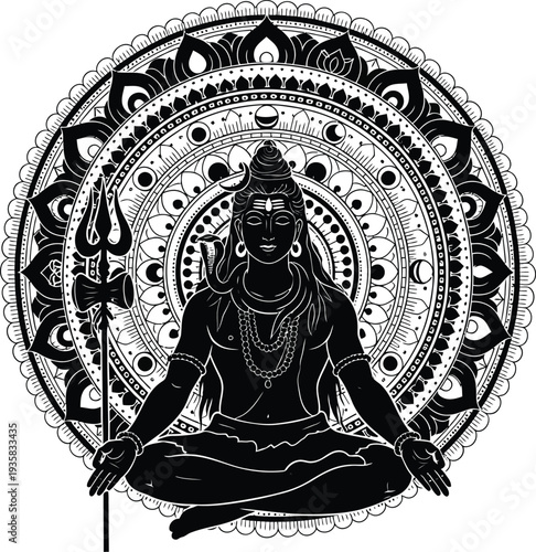 "Black and White Shiva Meditative Illustration with Mandala Background for Hindu Spiritual Art, Cultural Symbolism, and Religious Iconography Projects"