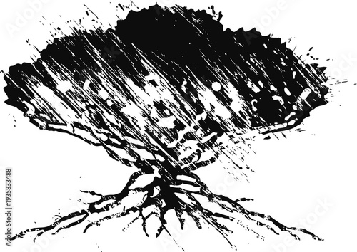 Abstract tree with extensive roots and textured branches in black ink illustration