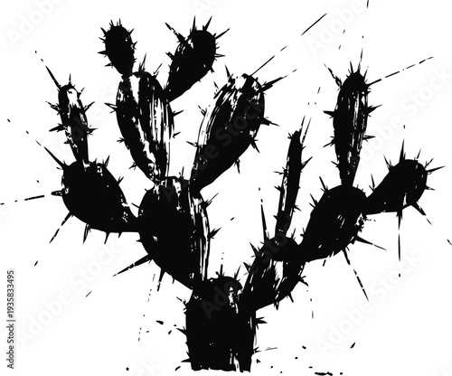 Black ink splatter cactus silhouette with sharp spines and prickly desert plant isolated on white