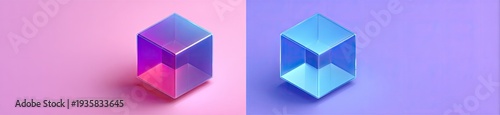 Two glowing isometric cubes, one pink-purple, one blue-purple, on split background