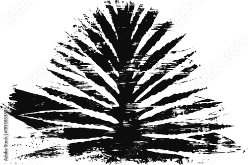abstract black ink splatter resembling a spiked palm leaf silhouette on white background