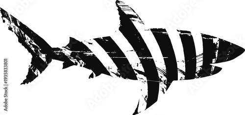 black and white striped shark illustration with worn vintage texture ocean predator design