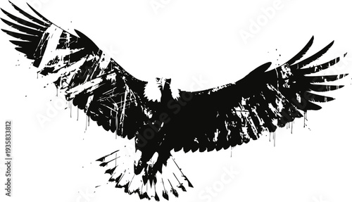 Black silhouette of an eagle spreading wings wide in flight, majestic bird of prey illustration
