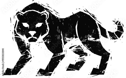 black panther silhouette in aggressive stance with grunge texture effect and fierce expression