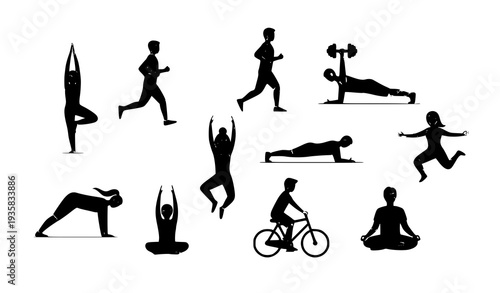 Colorful Fitness Workout Icons Collection – People Doing Yoga Running and Strength Training Vector Set