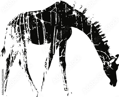 silhouette of a grazing giraffe with textured artistic effect on white background