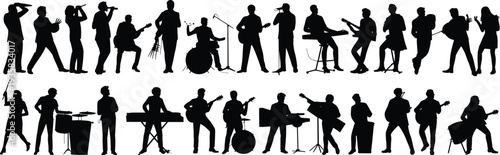 Silhouette musicians performing with guitars, drums, keyboards, saxophones, trumpets, singers, diverse band ensemble, live concert entertainment illustration