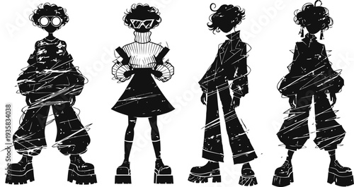 Fashion illustration of four edgy characters in oversized streetwear, cool platform shoes, and stylish sunglasses