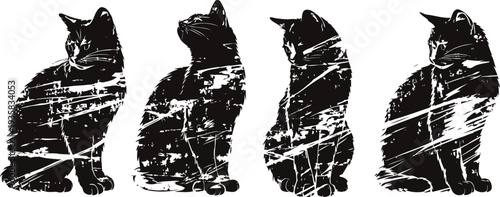 Black cat silhouettes with distressed texture in different sitting and standing poses, grunge animal illustration