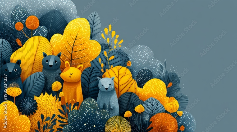 Obraz premium Whimsical Top-Down Autumn Scene with Vibrant Foliage and Cute Animals