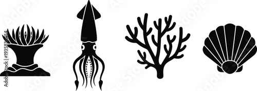 Marine life elements set, featuring sea creatures and coral silhouettes for oceanic designs