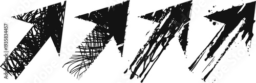 Set of four grunge black arrows pointing up and right with rough textured styles