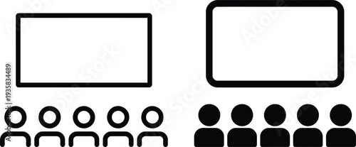 A simple black and white graphic showing two screens and groups of people