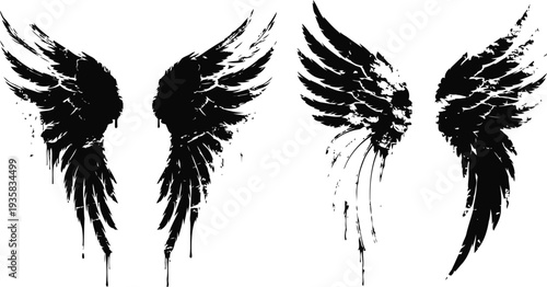 Grunge black angel wings set with splatter paint effect in different styles and shapes
