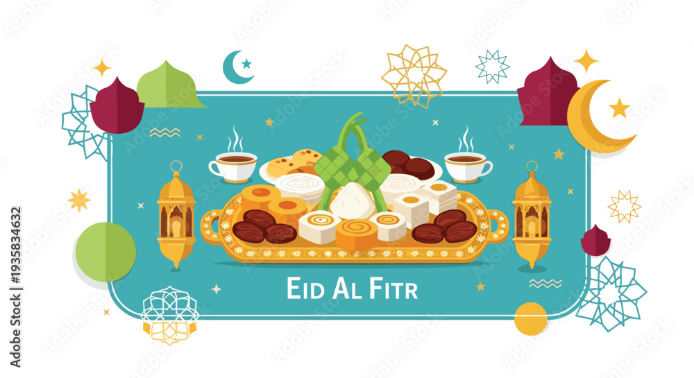 Naklejka premium A beautifully illustrated golden tray filled with traditional Eid al-Fitr delicacies and flanked by lanterns is displayed on a decorative teal panel with Islamic motifs, Generative AI