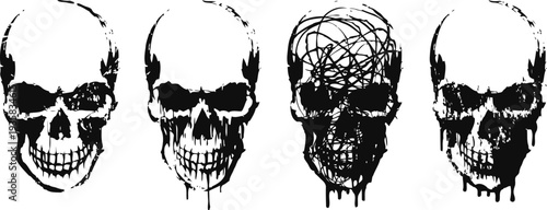 Grunge skulls set with dripping paint and scribbled lines, monochrome horror art design