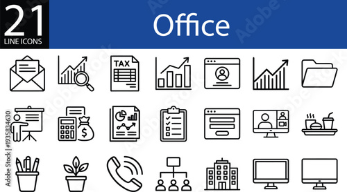 Office productivity line icon set in modern thin style, email, charts, tax forms, presentations, and team collaboration