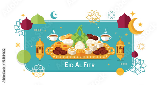 A beautifully illustrated golden tray filled with traditional Eid al-Fitr delicacies and flanked by lanterns is displayed on a decorative teal panel with Islamic motifs, Generative AI