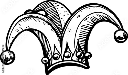 Jester hat with bells and crown, hand drawn vintage carnival or medieval fool hat sketch illustration