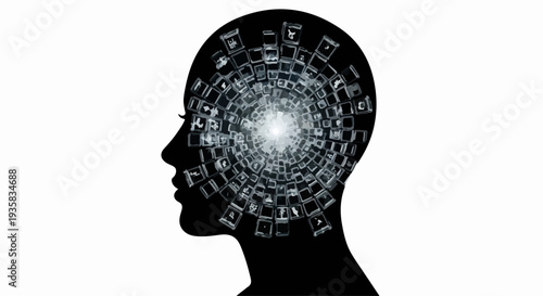 Silhouette of a human head filled with glowing digital data and connections, representing artificial intelligence and information.
