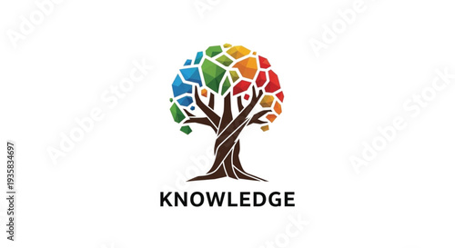 This vibrant, stylized tree logo features a twisted trunk with colorful, geometric, low-poly leaves in shades of blue, green, orange, red etc.  Below the modern mosaic illustration word "KNOWLEDGE."