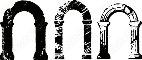 three vintage stone arches isolated on white background, old architectural elements, historic design