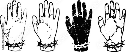 four black and white hands with barbed wire bracelets, distressed textured design