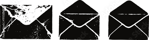 three grunge black and white envelope silhouettes with distressed texture and folded flap design