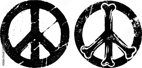 Grunge peace symbols, classic and bone cross design, black distressed circle icon set